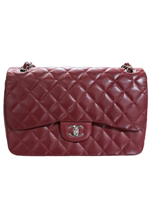 Pre-Owned CC Classic Double Flap Burgundy Caviar Jumbo Silver Hardware