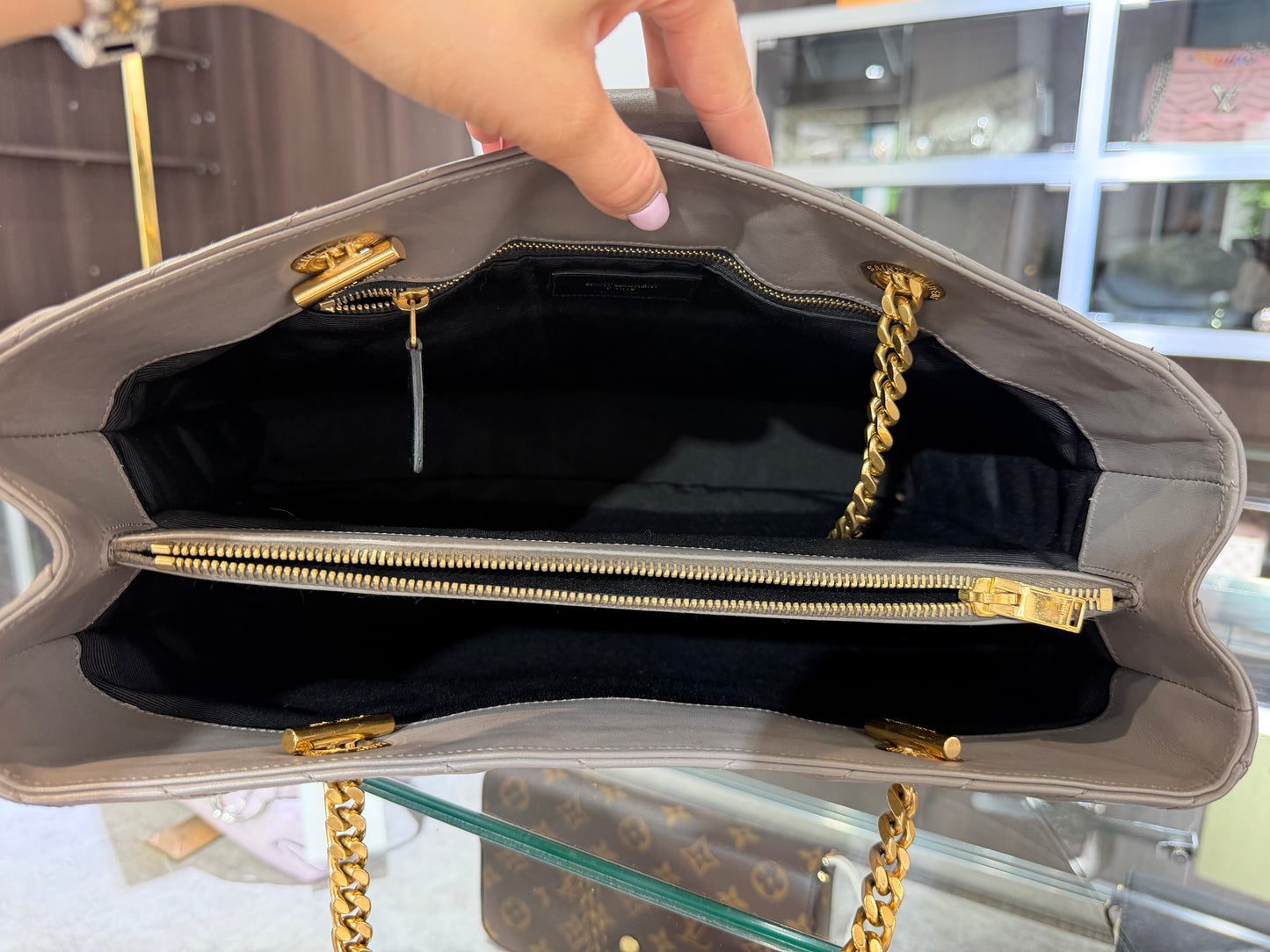 YSL Grain De Poudre Matelasse Chevron Monogram Shopping Bag Fog
