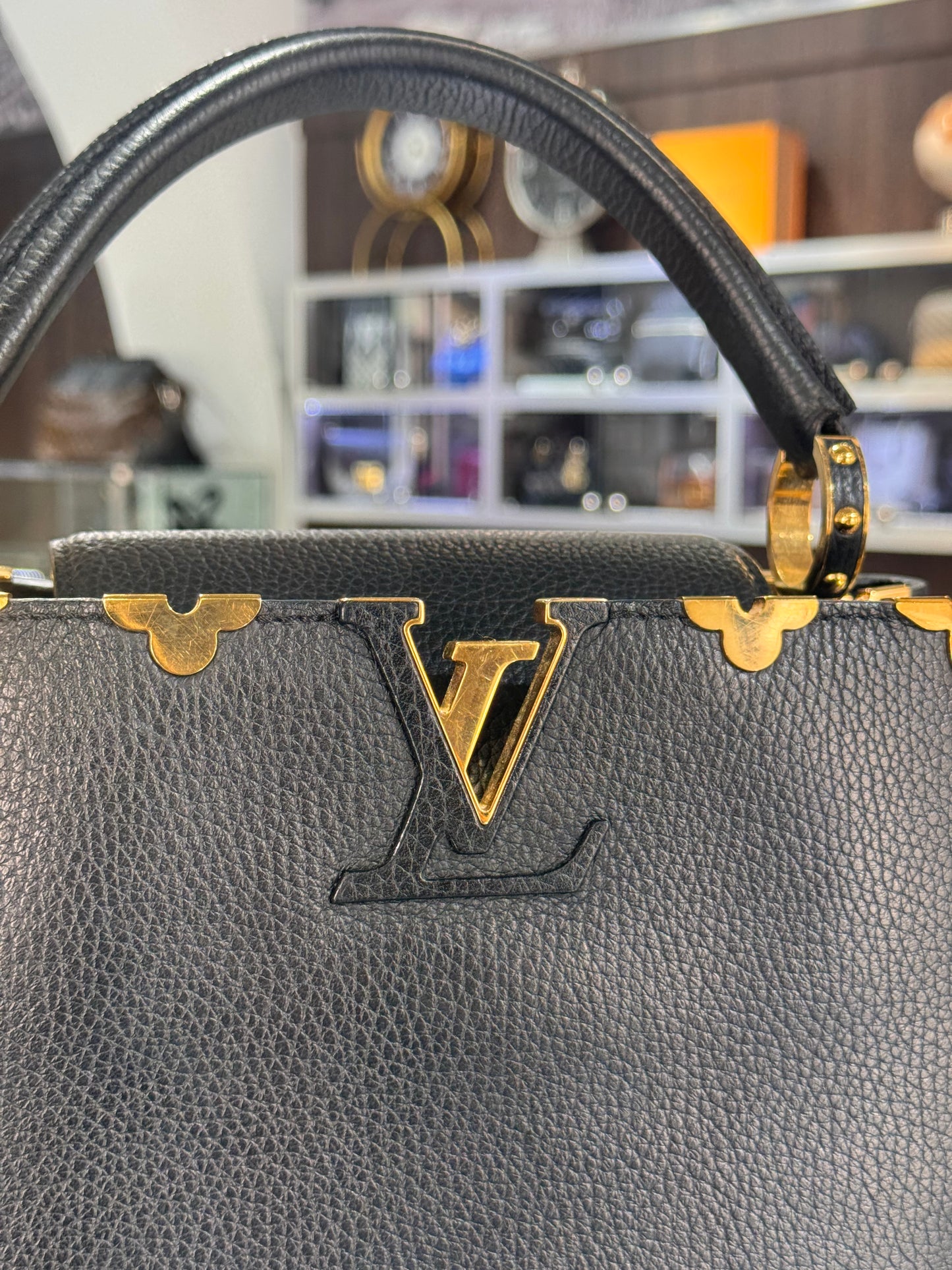 Louis Vuitton Black Taurillon Leather Metallic Flower Embellished Capucines MM