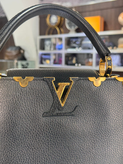 Louis Vuitton Black Taurillon Leather Metallic Flower Embellished Capucines MM