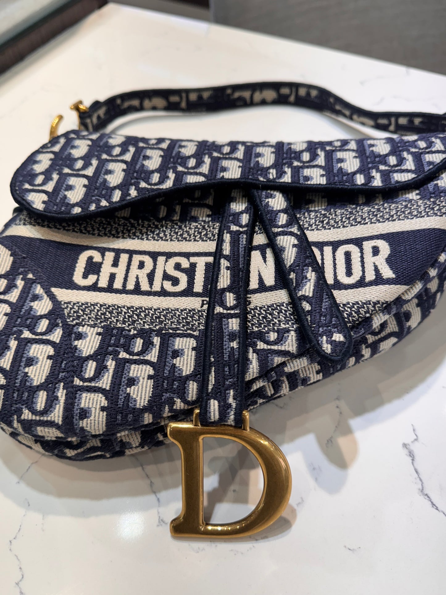 Christian Dior Oblique Embroidered Saddle Bag Blue