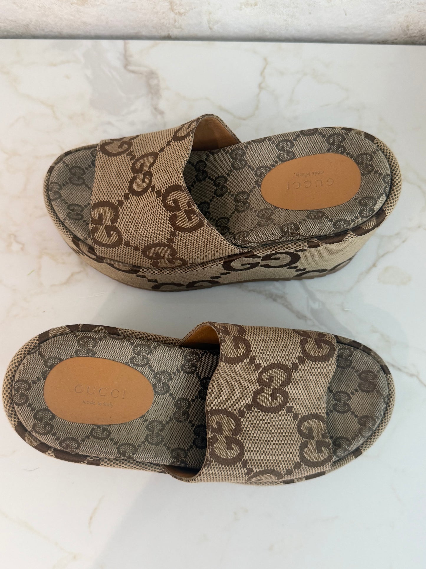 Pre-Owned GG Monogram Jumbo Platform Sandals 37.5 Camel Ebony