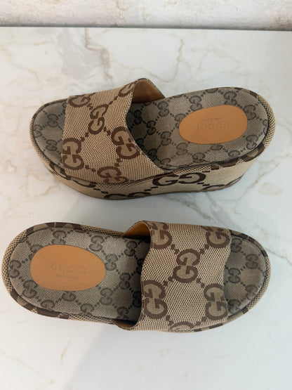 Pre-Owned GG Monogram Jumbo Platform Sandals 37.5 Camel Ebony