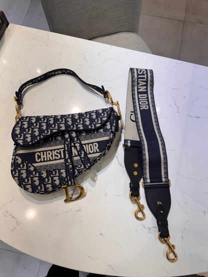 Christian Dior Oblique Embroidered Saddle Bag Blue