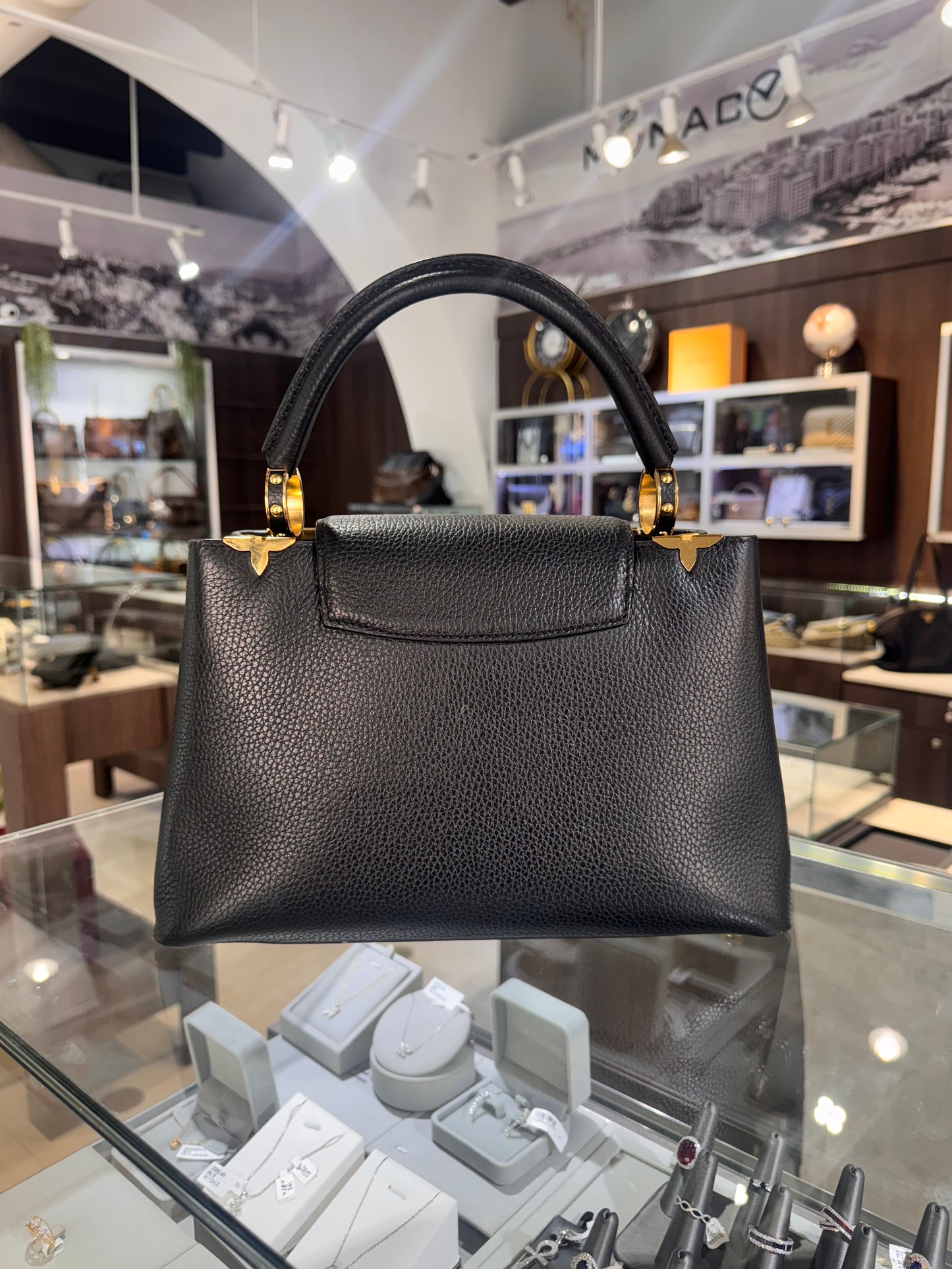 Louis Vuitton Black Taurillon Leather Metallic Flower Embellished Capucines MM
