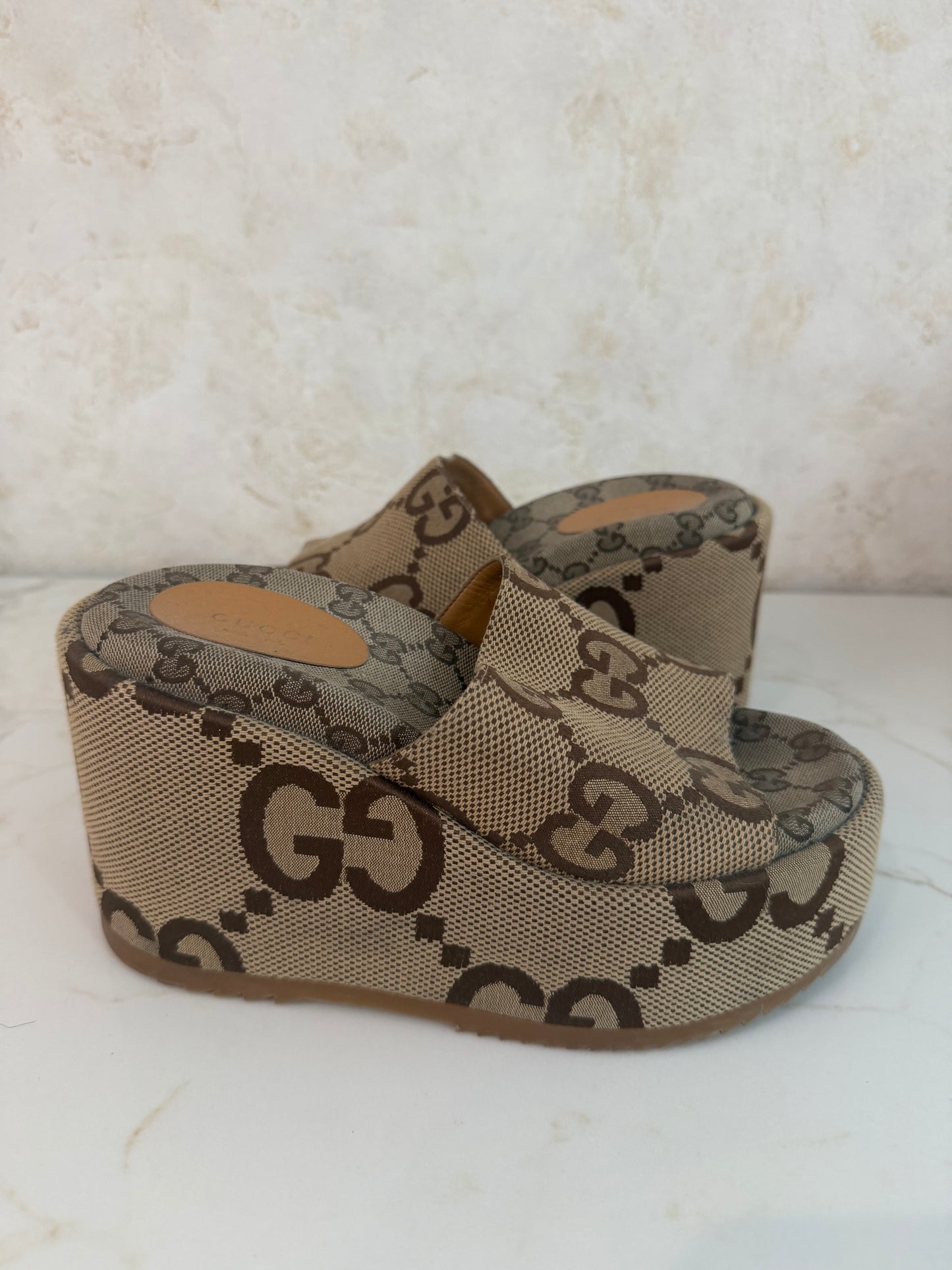 Pre-Owned GG Monogram Jumbo Platform Sandals 37.5 Camel Ebony