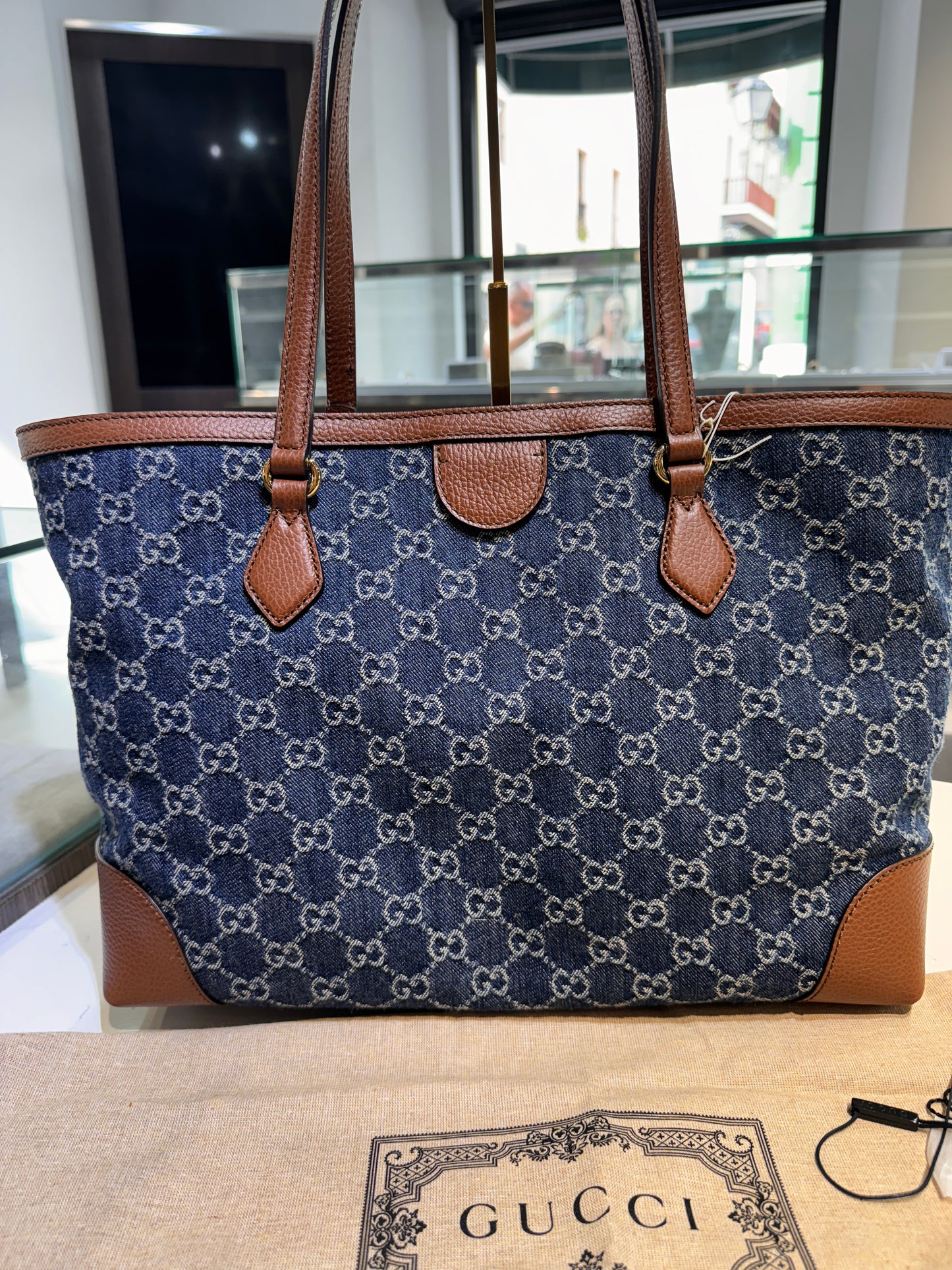 GUCCI BLUE DENIM OPHIDIA TOTE BAG