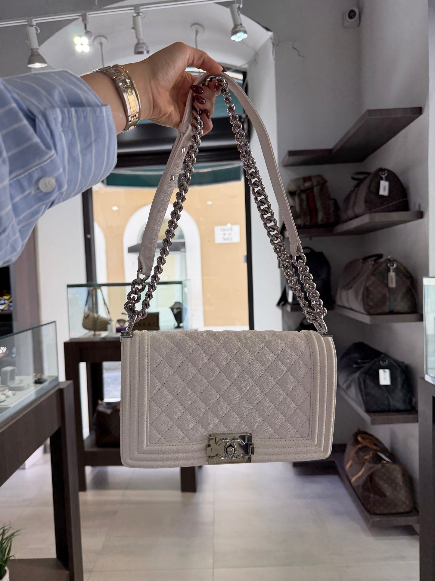 Chanel White Caviar Boy Bag
