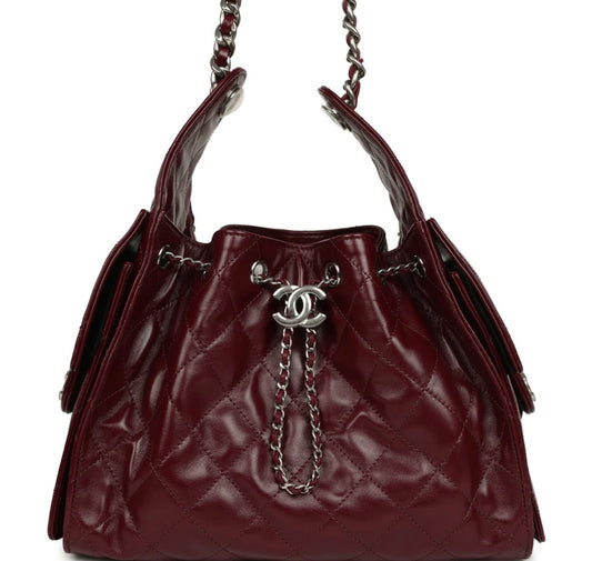 Unworn CC Small 25 Hobo Dark Burgundy Shiny Aged Crumpled Calfskin Silver Hardware