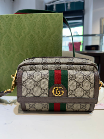 Like New GG Supreme Monogram Mini Ophidia Beige Ebony Bag