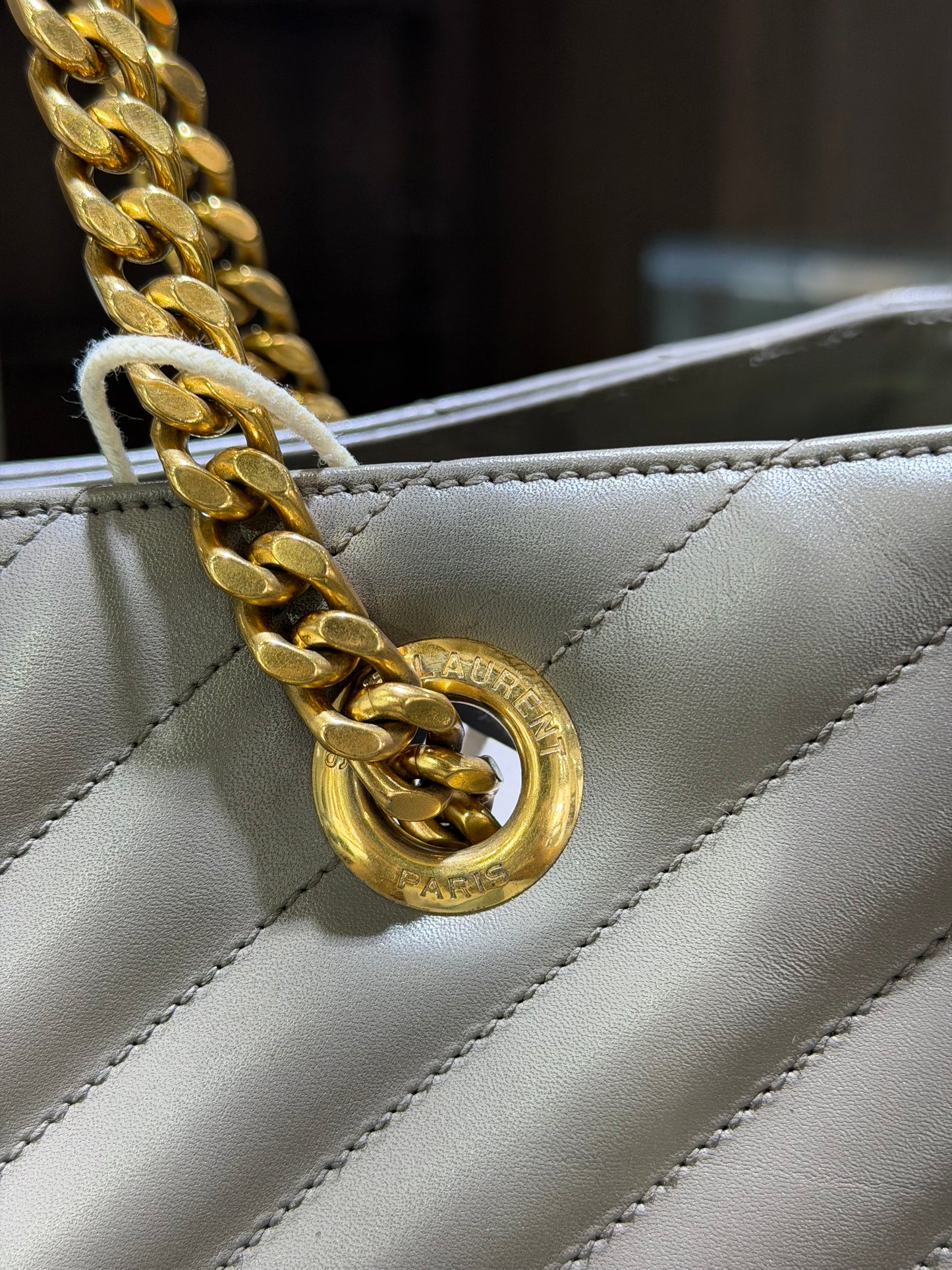 YSL Grain De Poudre Matelasse Chevron Monogram Shopping Bag Fog