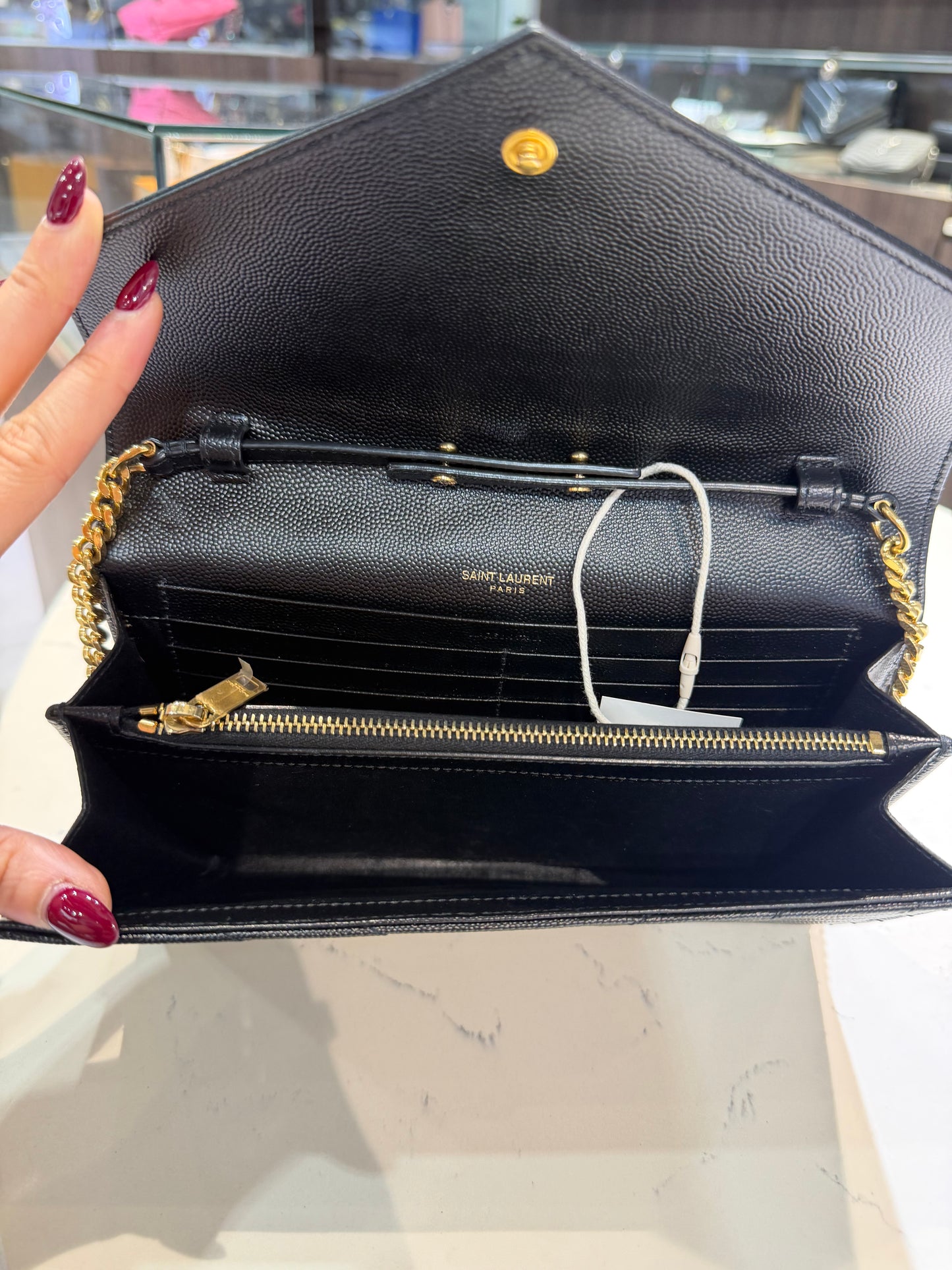 Pre-Owned YSL Cassandre Wallet On Chain In Grain De Poudre