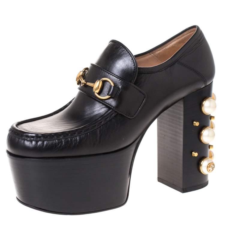 Pre-Owned GG Black Leather Horsebit Pearl Embellished Platform Loafers Size 38