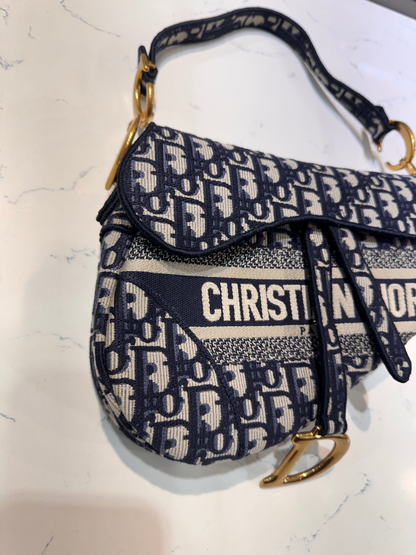 Christian Dior Oblique Embroidered Saddle Bag Blue