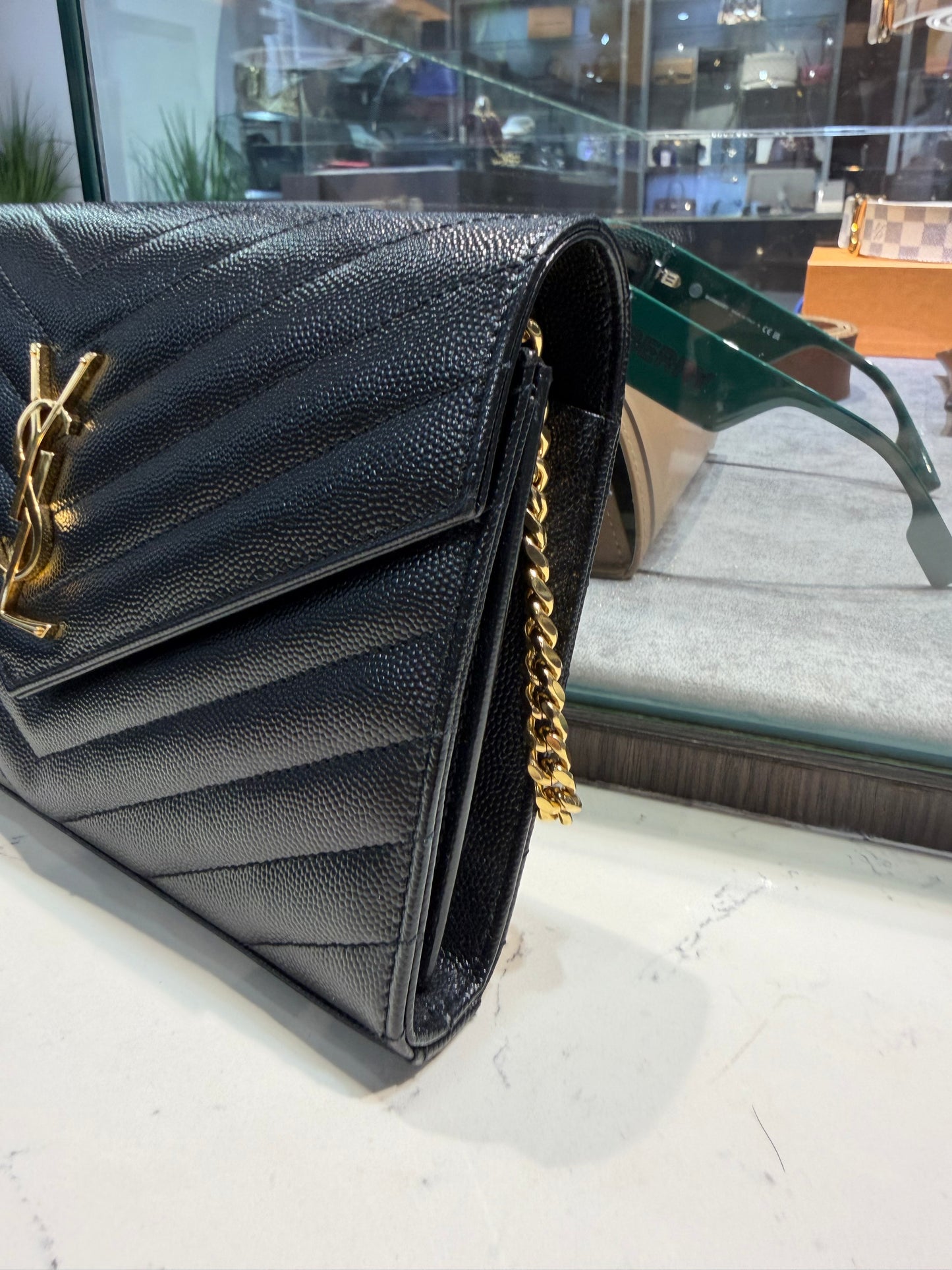 Pre-Owned YSL Cassandre Wallet On Chain In Grain De Poudre