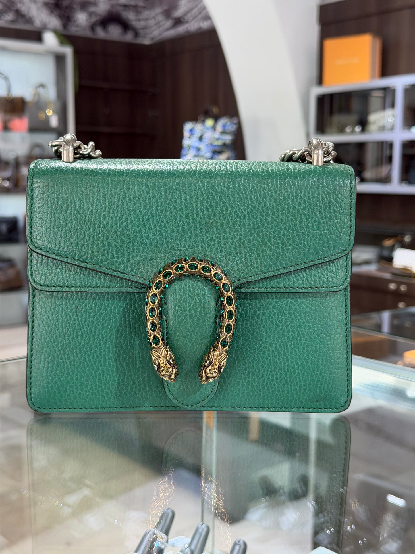Pre-Owned GG Mini Dionysus Emerald Green Crystals Shoulder Bag
