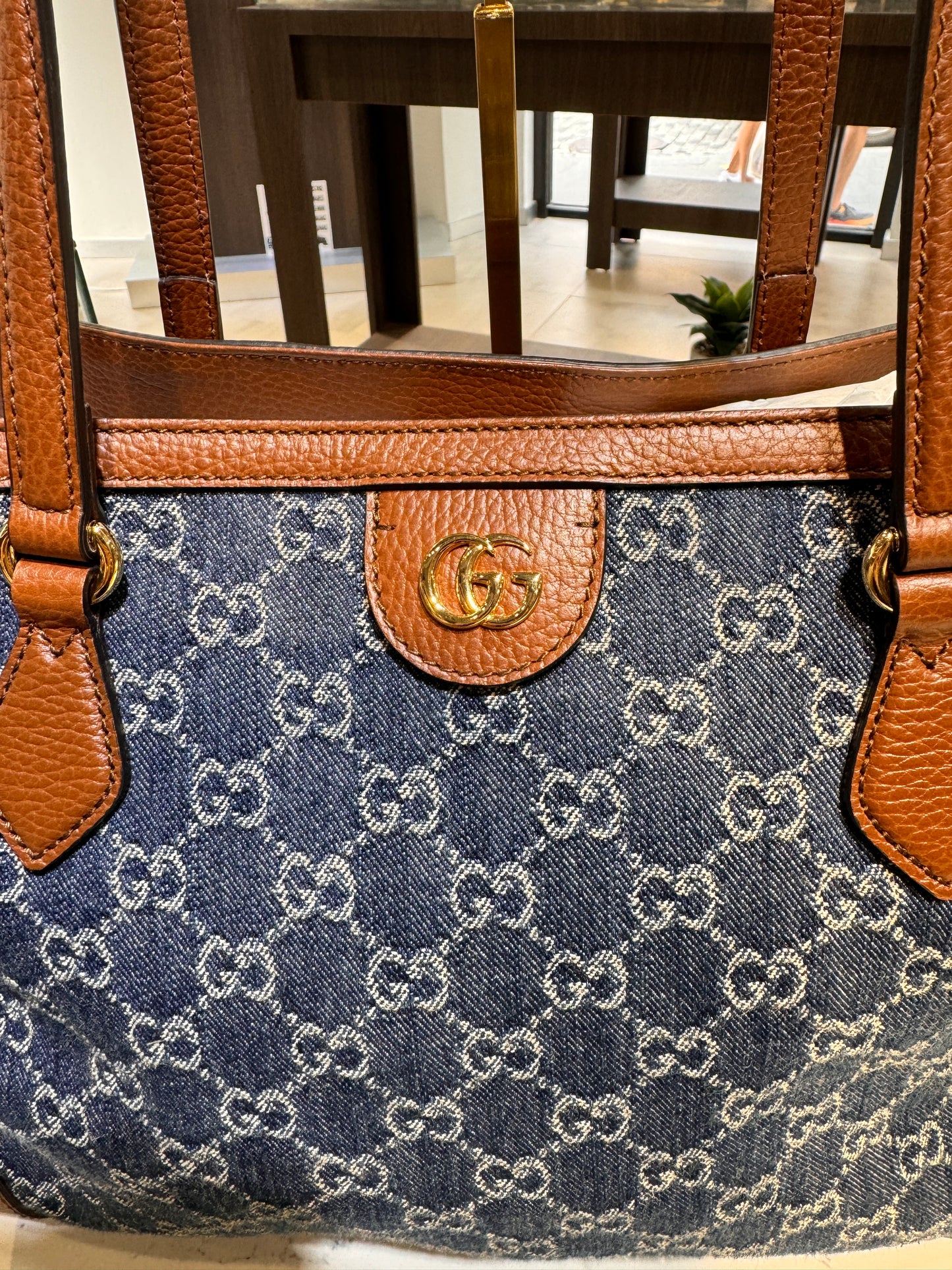 GUCCI BLUE DENIM OPHIDIA TOTE BAG