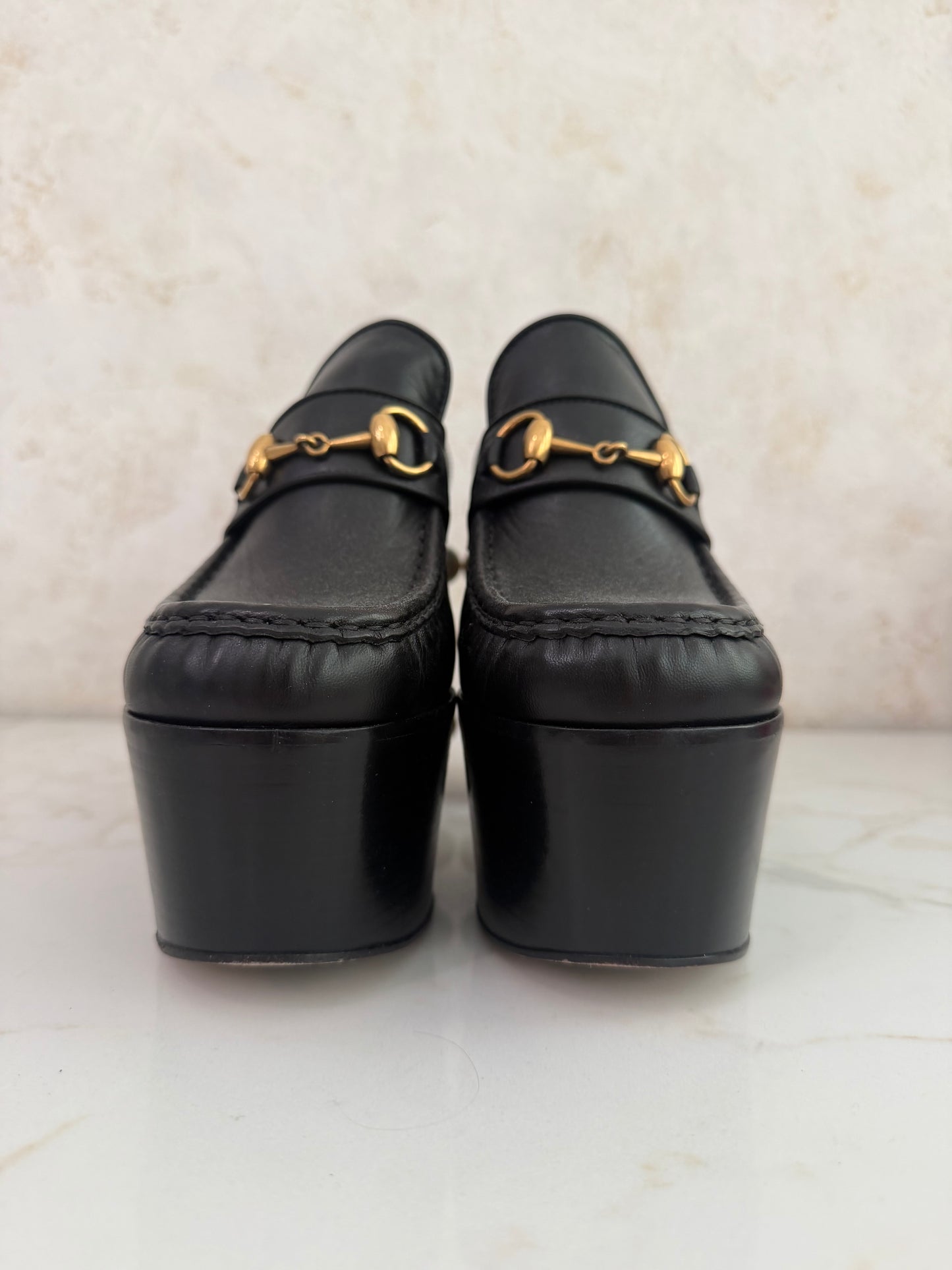 Pre-Owned GG Black Leather Horsebit Pearl Embellished Platform Loafers Size 38