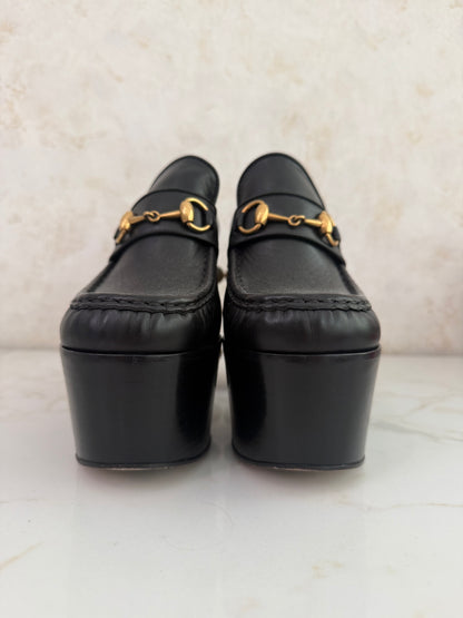 Pre-Owned GG Black Leather Horsebit Pearl Embellished Platform Loafers Size 38