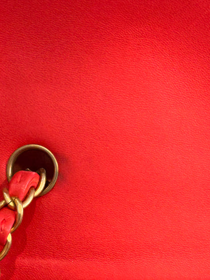 Chanel Mini Rectangular Lambskin Antique Gold Hardware Coral Red