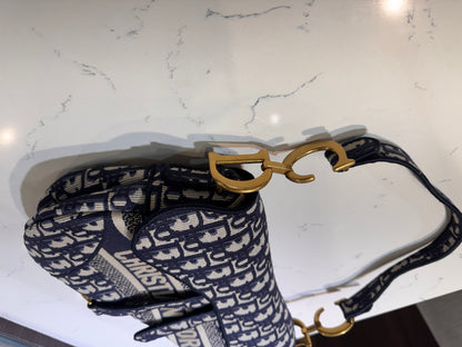 Christian Dior Oblique Embroidered Saddle Bag Blue