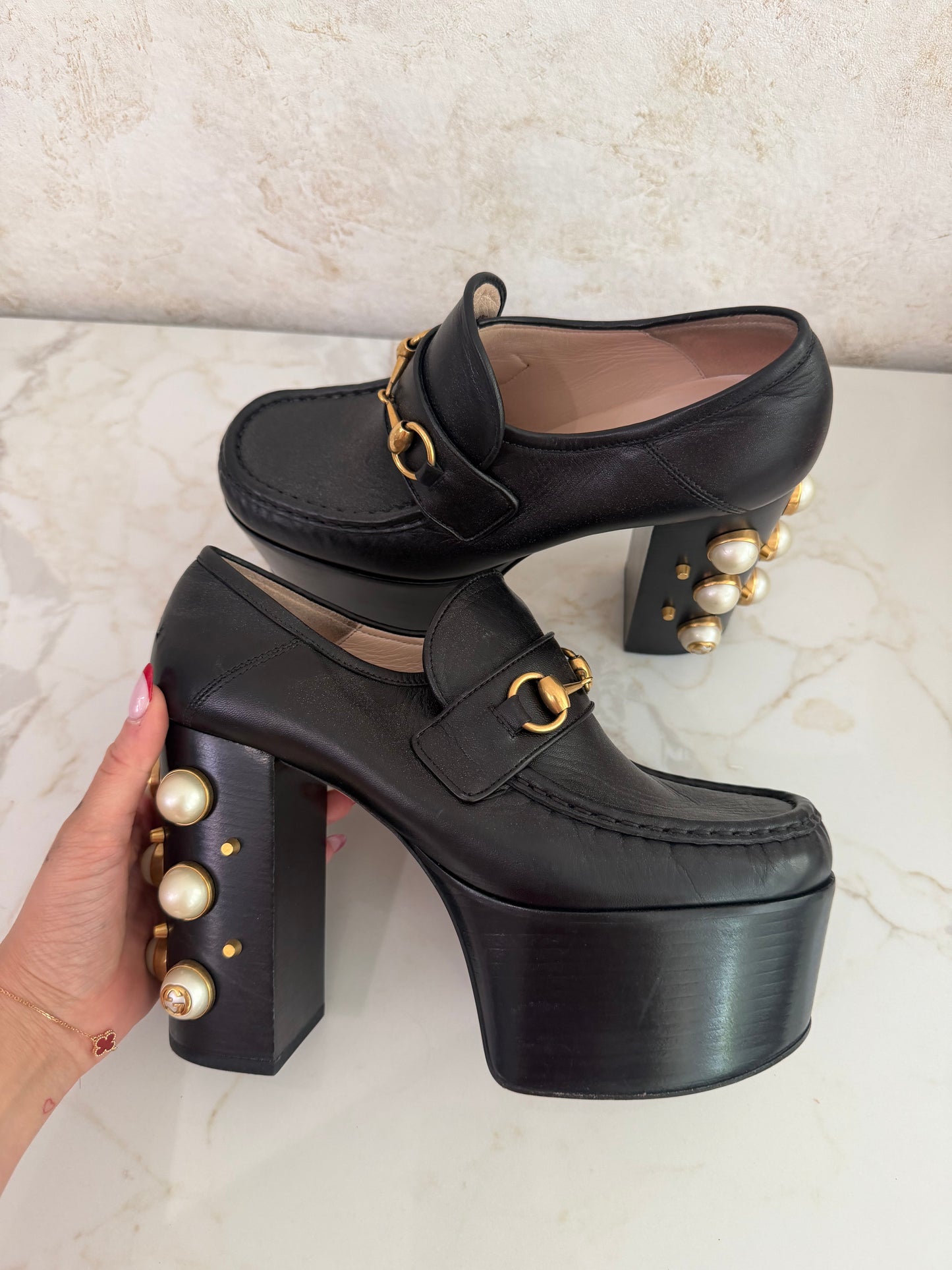 Pre-Owned GG Black Leather Horsebit Pearl Embellished Platform Loafers Size 38