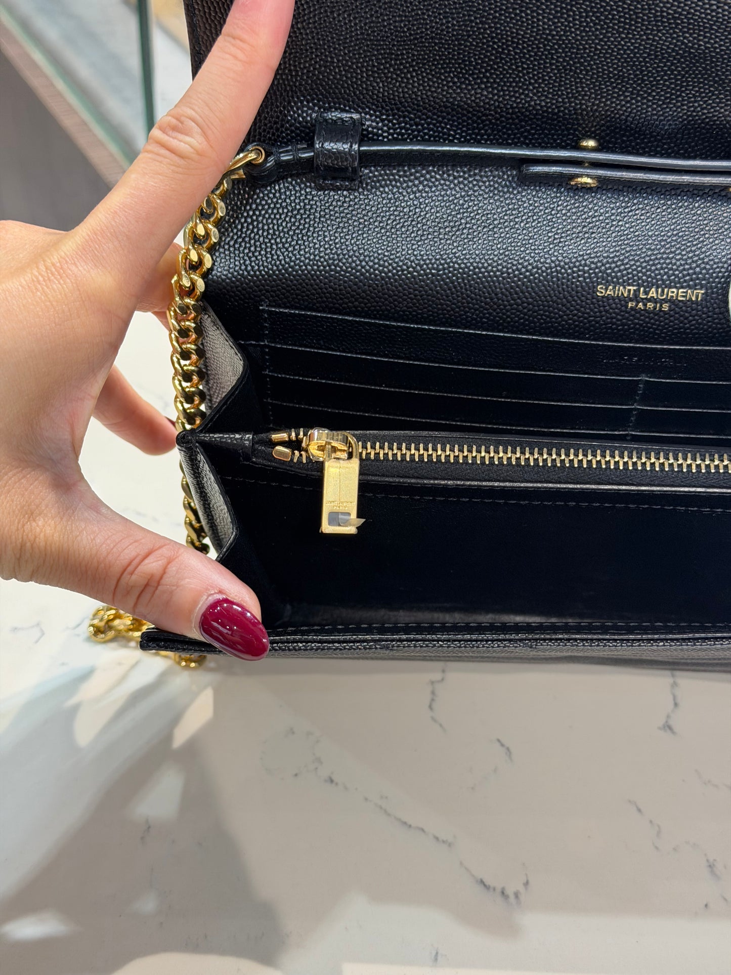 Pre-Owned YSL Cassandre Wallet On Chain In Grain De Poudre