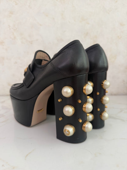 Pre-Owned GG Black Leather Horsebit Pearl Embellished Platform Loafers Size 38