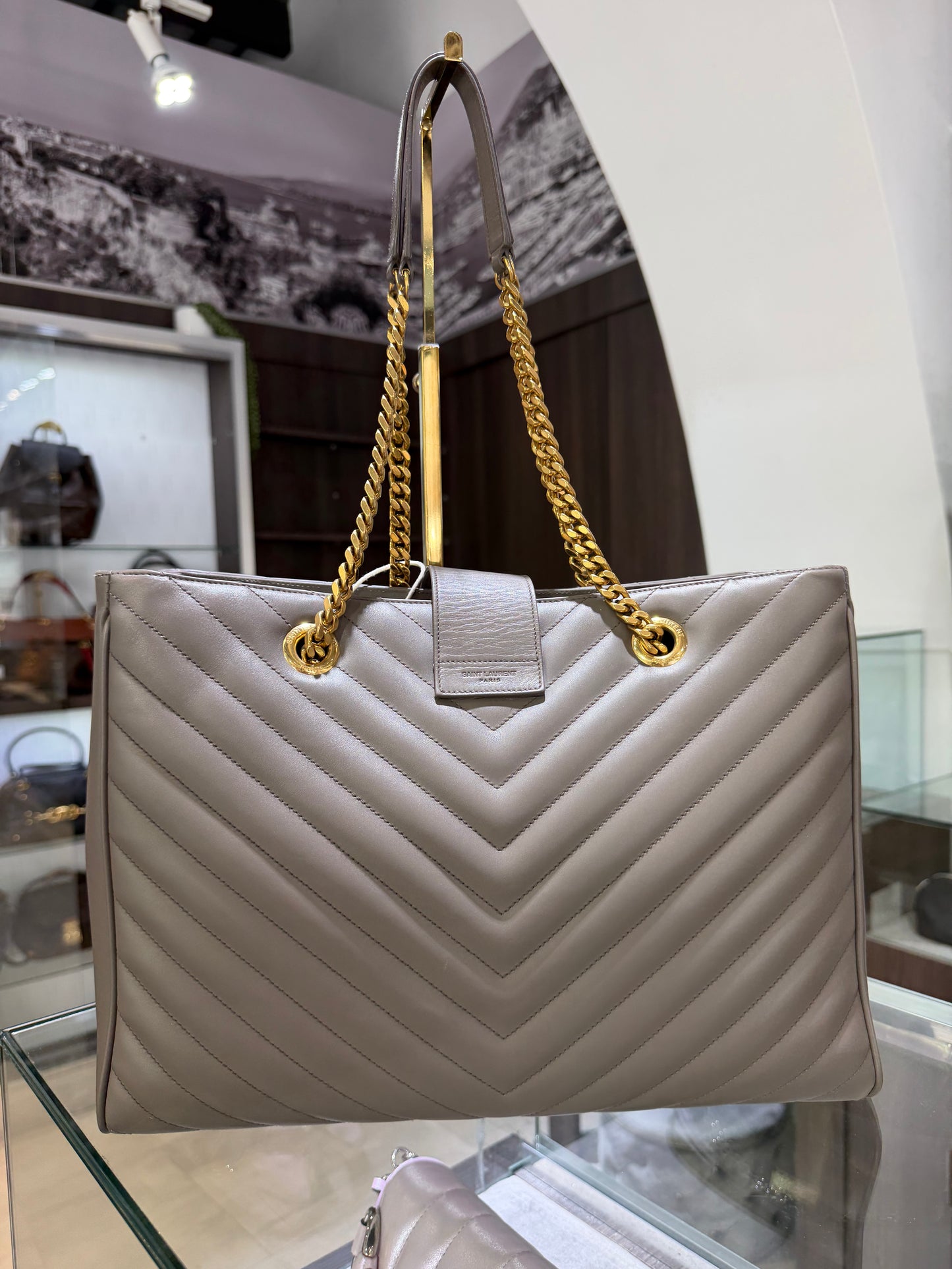 YSL Grain De Poudre Matelasse Chevron Monogram Shopping Bag Fog