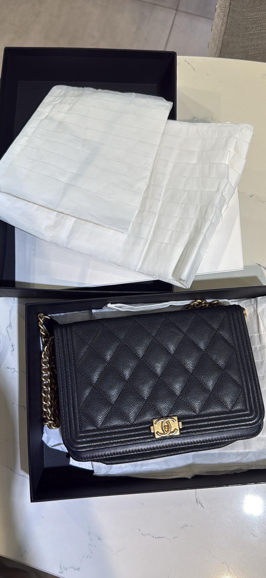 Pre-Owned CC Boy Wallet On Chain Black Caviar Gold Hardware