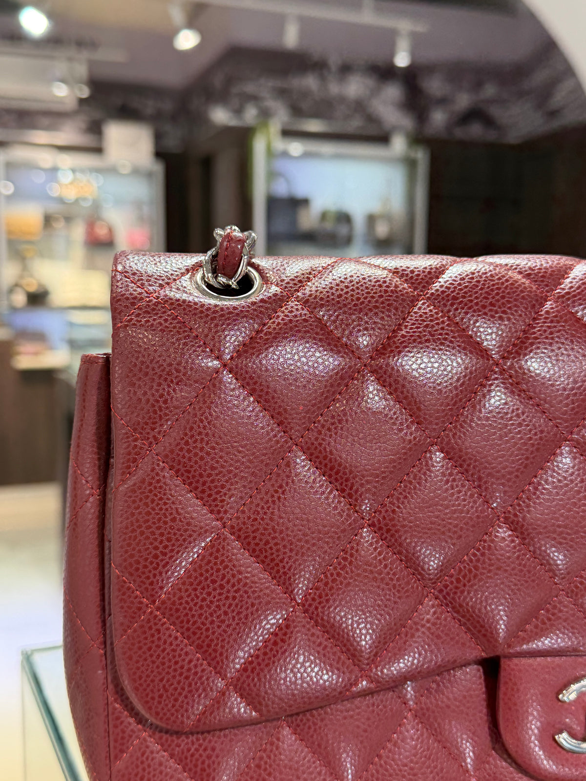 Pre-Owned CC Classic Double Flap Burgundy Caviar Jumbo Silver Hardware