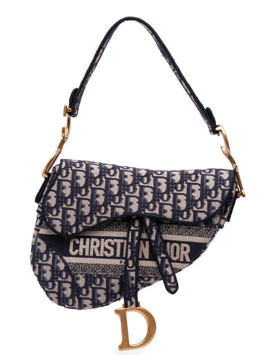 Christian Dior Oblique Embroidered Saddle Bag Blue