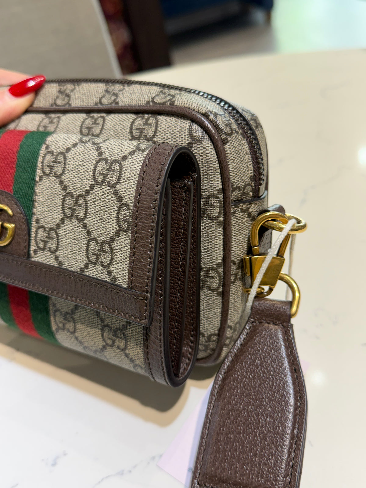 Like New GG Supreme Monogram Mini Ophidia Beige Ebony Bag