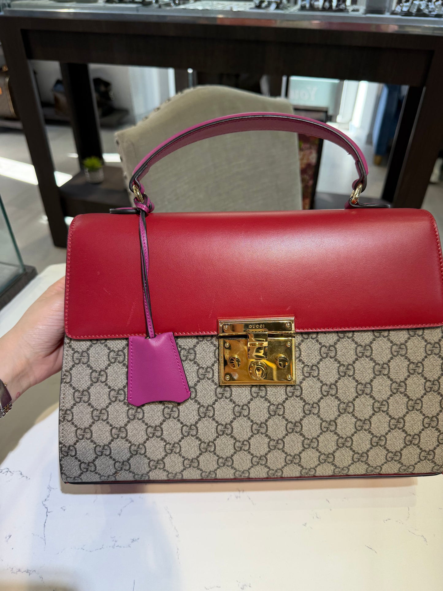 Pre-Owned GG Supreme Monogram Medium Padlock Top Handle Pink/Red