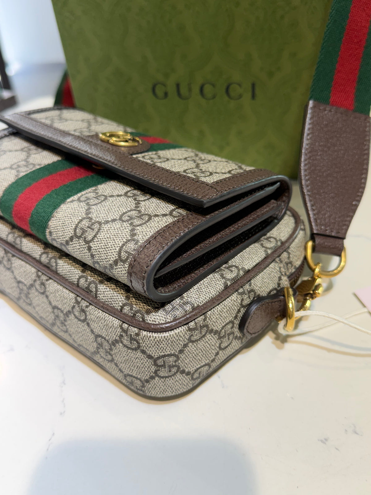 Like New GG Supreme Monogram Mini Ophidia Beige Ebony Bag