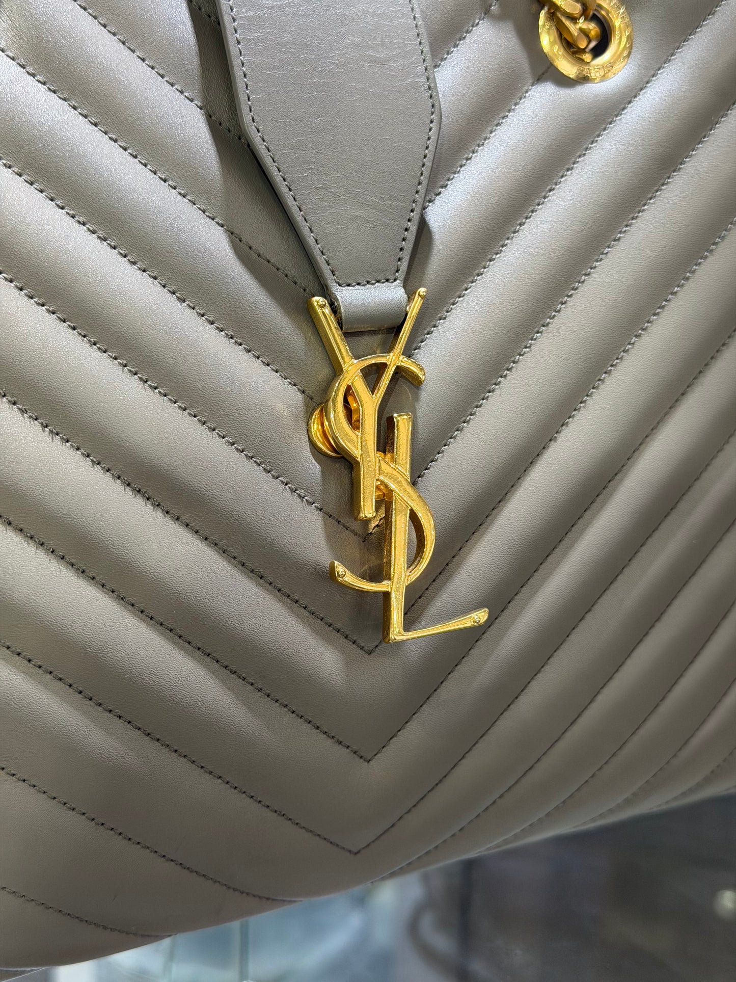 YSL Grain De Poudre Matelasse Chevron Monogram Shopping Bag Fog