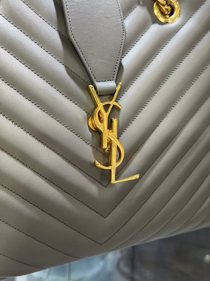 YSL Grain De Poudre Matelasse Chevron Monogram Shopping Bag Fog