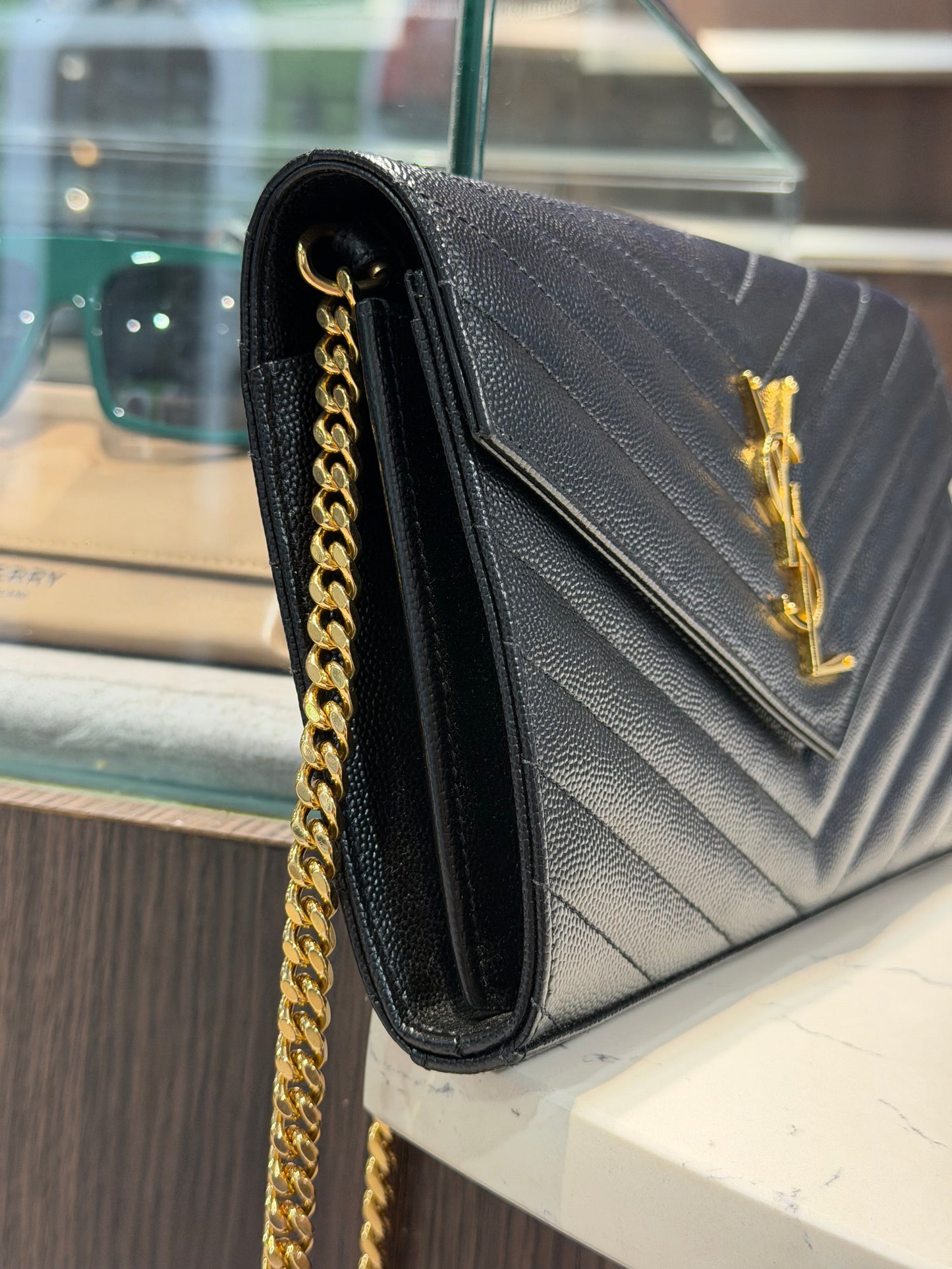 Pre-Owned YSL Cassandre Wallet On Chain In Grain De Poudre