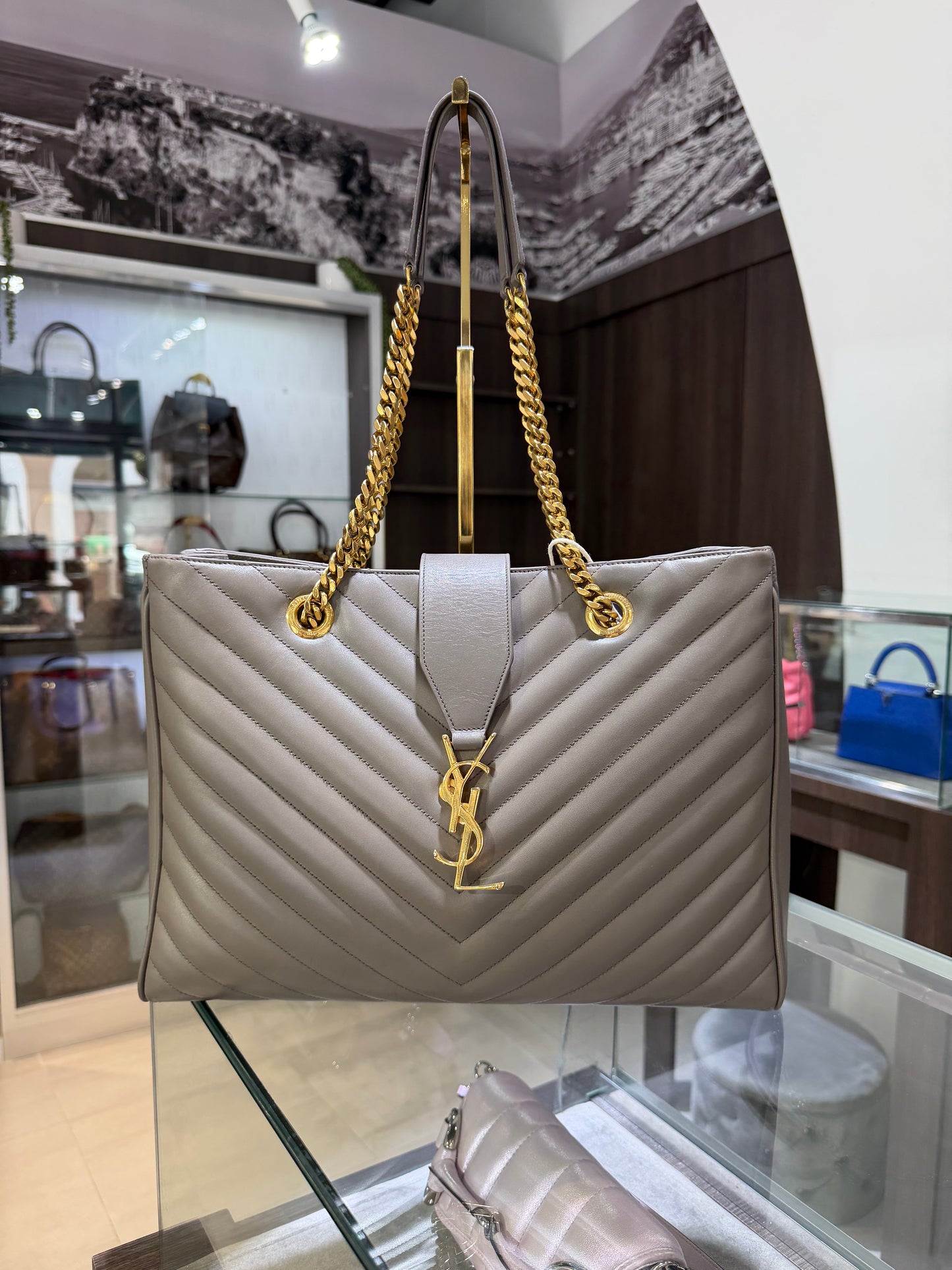 YSL Grain De Poudre Matelasse Chevron Monogram Shopping Bag Fog