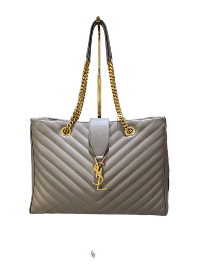 YSL Grain De Poudre Matelasse Chevron Monogram Shopping Bag Fog