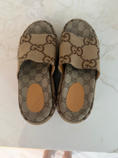 Pre-Owned GG Monogram Jumbo Platform Sandals 37.5 Camel Ebony