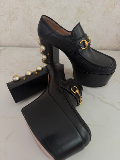 Pre-Owned GG Black Leather Horsebit Pearl Embellished Platform Loafers Size 38