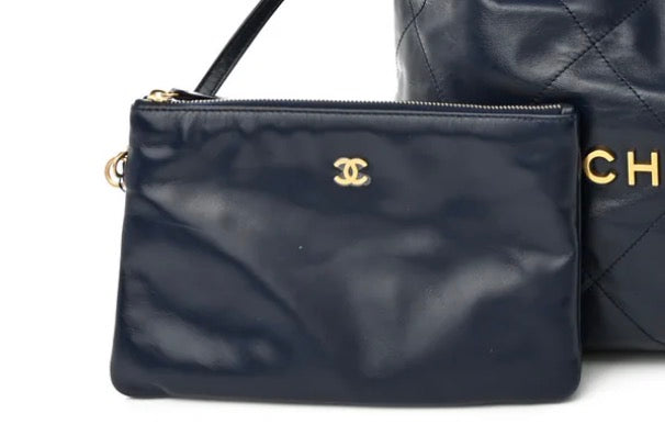 Unworn CC Shiny Calfskin Quilted Small Chanel 22 Navy Blue