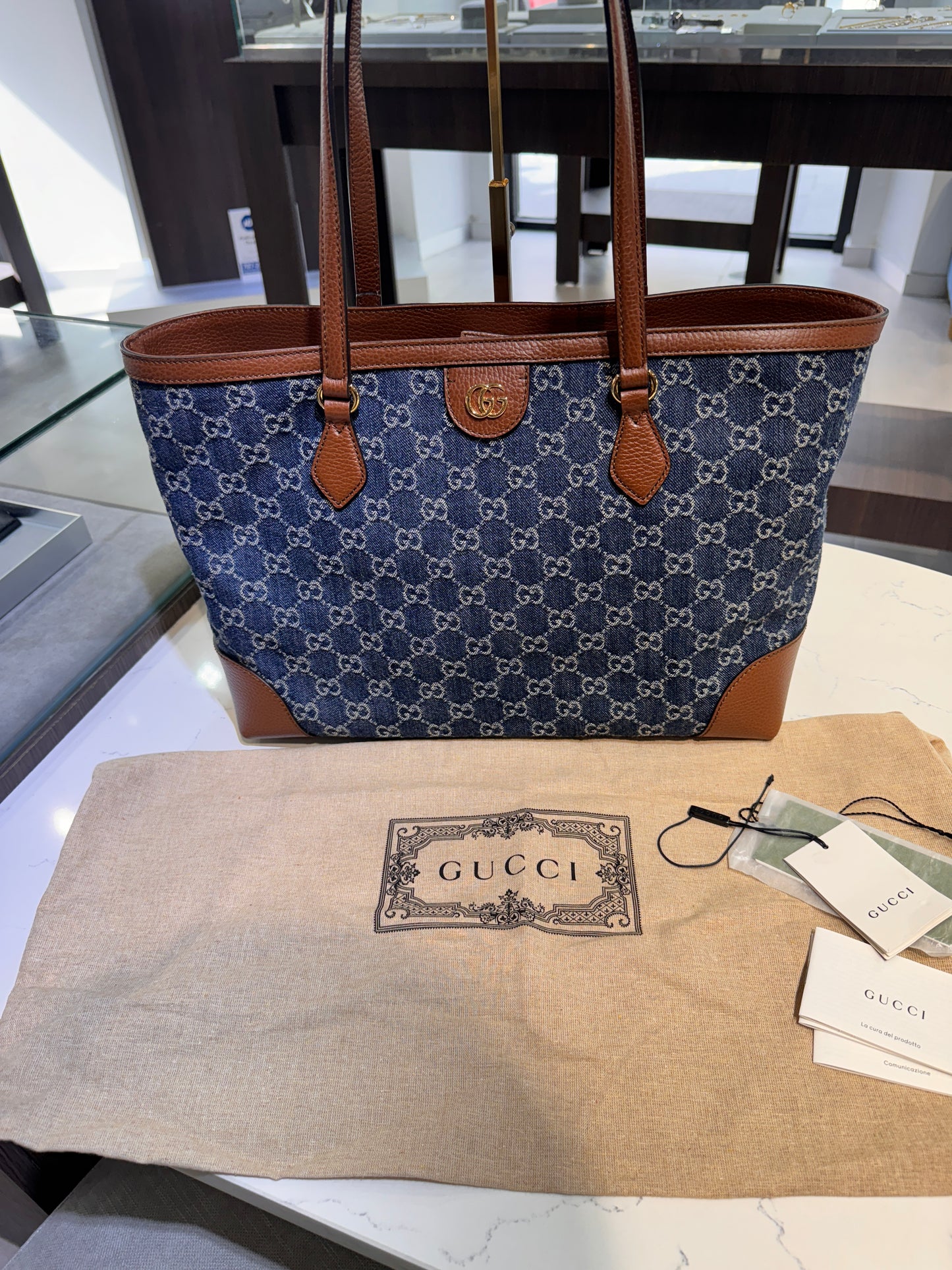 GUCCI BLUE DENIM OPHIDIA TOTE BAG