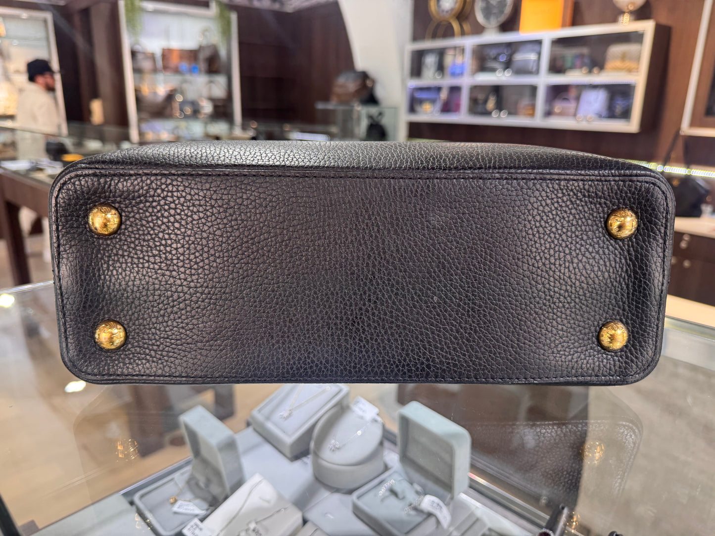 Louis Vuitton Black Taurillon Leather Metallic Flower Embellished Capucines MM
