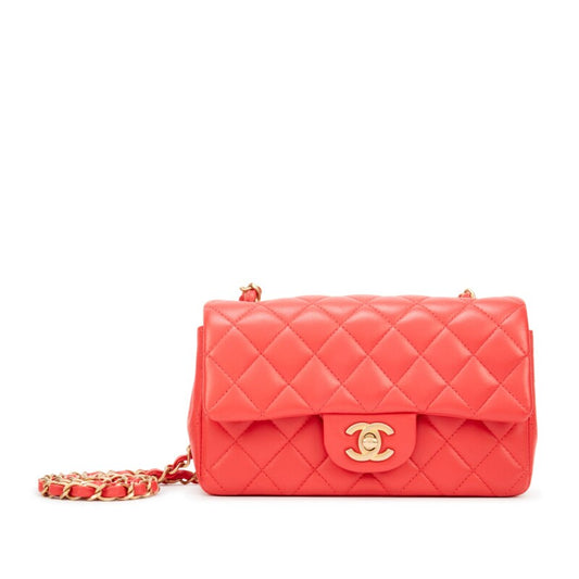 Chanel Mini Rectangular Lambskin Antique Gold Hardware Coral Red